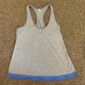 Honeydew Gray Racerback Tank Top with Blue Lace Trim Small